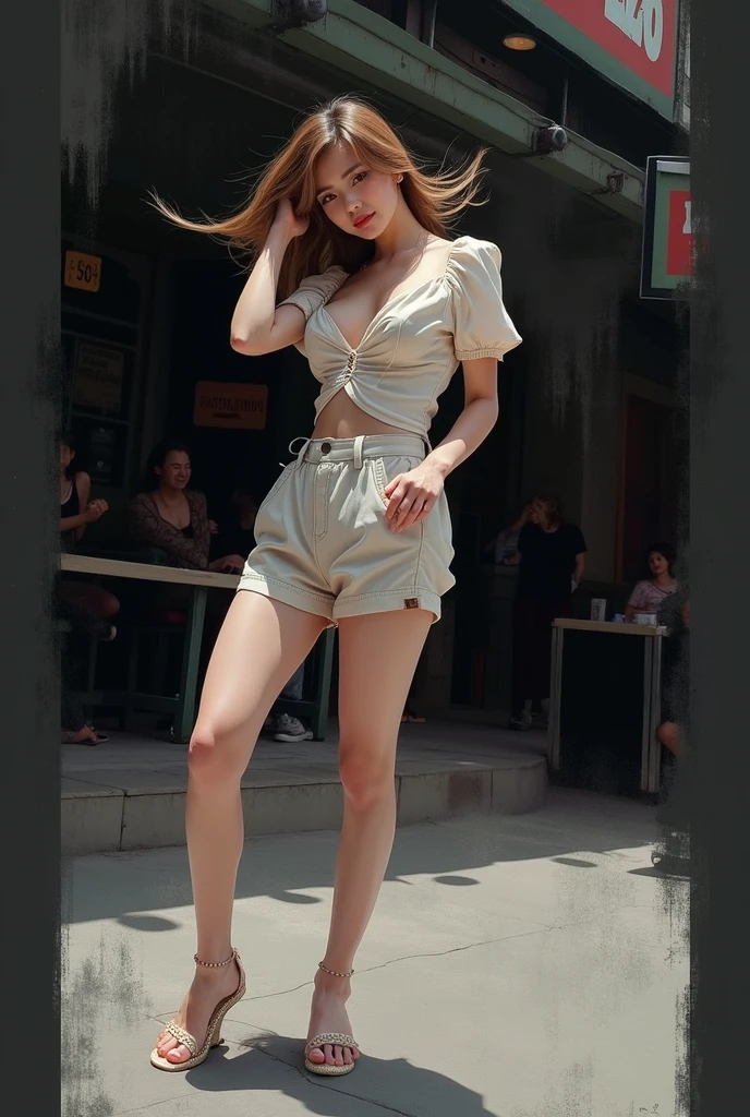 top quality, 1 girl, (Skin Hollow), (big breasts), (day), Bright, background blur, on open air, (street:0.6), (hair:1.5), (blouse:1.5), fabulous, (hair Float:1.5), soft light, wind, USA, street