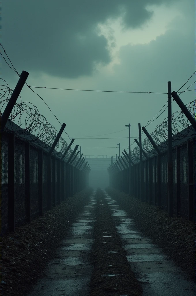 ((best quality)), ((masterpiece)), A bleak concentration camp with barbed wire fences under a dark, cloudy sky, symbolizing the despair of Holocaust victims., perfect face