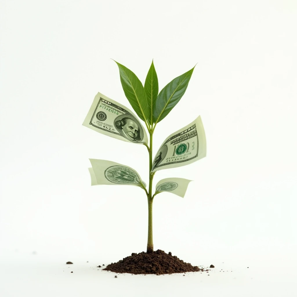 Young plant seedling sprouting dollar bills in place of leaves white background money tree sprouting banknotes as fruits