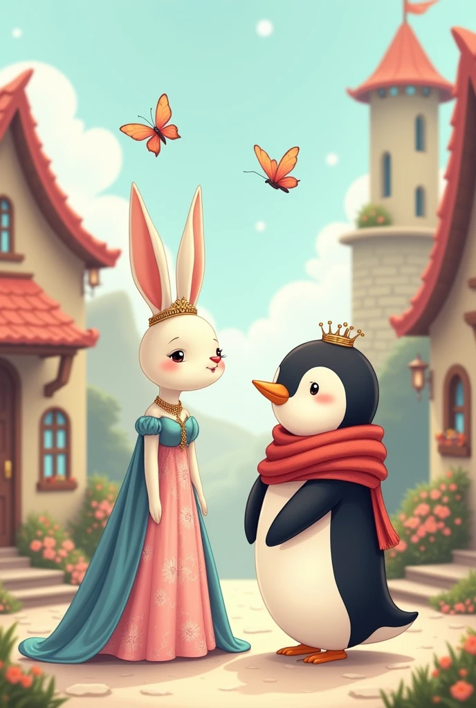 A white tall female rabbit in a gown in soft shades of pink and blue wearing a crown tiara talking friendly with a tall penguin who is wearing a red scarf with 2 butterflies fluttering above them. The scene should be in a cozy village Vector illustration art, cartoon illustration
