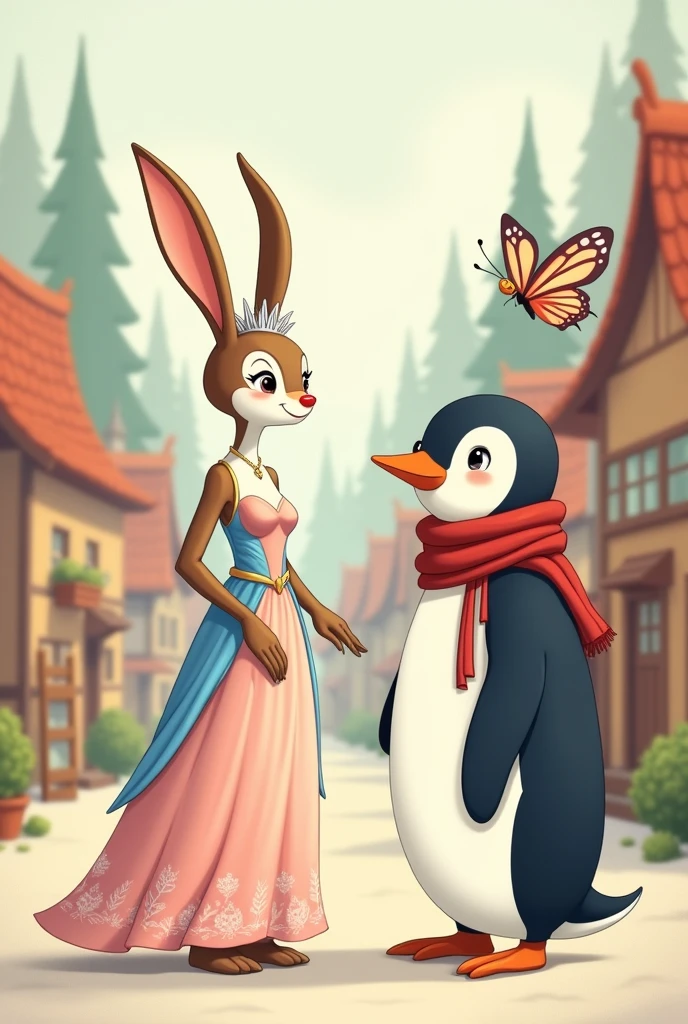 Create illustration of a white tall female animal bunny in a gown in soft shades of pink and blue from the back. She is talking to a tall penguin. Penguin is wearing a red scarf. Bunny and penguin are happy and 2 butterflies are fluttering above them. The scene should be in a cozy village 
