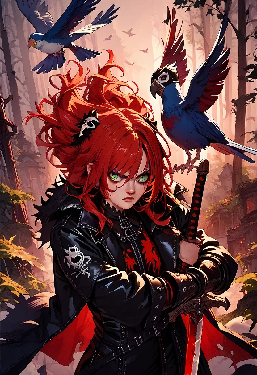 anime-inspired, dark fantasy masterpiece, top-quality, (gothic horror ambiance), (a fearsome warrior), (wild-haired fury), (red-haired adventurer), (short messy red hair), (leather overcoat and gauntlet), (leather bird mask), (sword-wielding), (tense and determined stance), (charging into a dark, cursed forest), (forest filled with sinister shadows and twisted trees), (foreboding atmosphere), (pain and fury etched on his face), (a symphony of fear and war), (an epic tale unfolds).