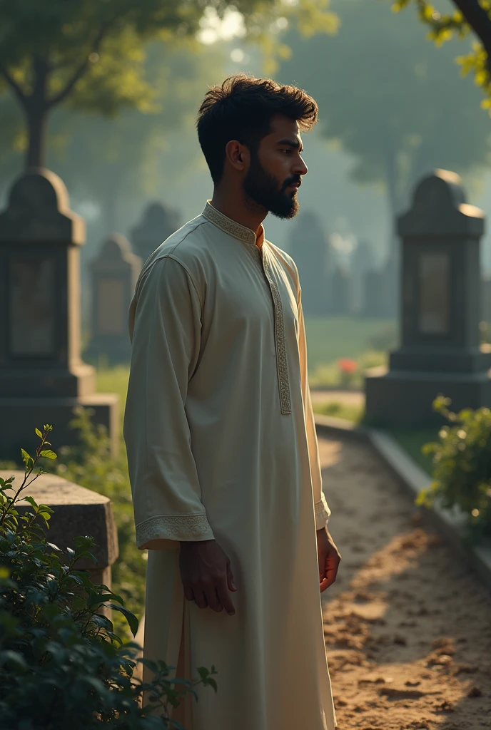 generate me a iMage of muslim man with small beard standing a grave of his mom in a normal graveyeard in tradition kurta shalwar