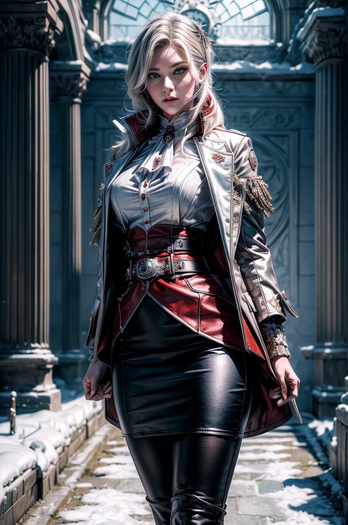 masterpiece,best quality, masterpiece, high detail,detailed face,detailed eyes,rendered eyes,perfect eyes,hip lines,crisp image,detailed,amazing,8k,8k wallpaper,8k background,high detailed skin,high res, (((cowboy shot))), solo, 1girl,looking at viewer,WillowSchnee, . Her attire consists of a white cravat secured by a silver brooch set with a red stone, as well as a light purple jacket with light sleeves, a wide belt around her waist, a matching pencil skirt with black tights and slippers. serious expression, outside stately mansion, snow, ice sculpture at center of hedge maze, standing with military officer, holding wine glass, night, stars, servants and security detail standing by, (volumetric lighting), sharp focus, hyper detailed 