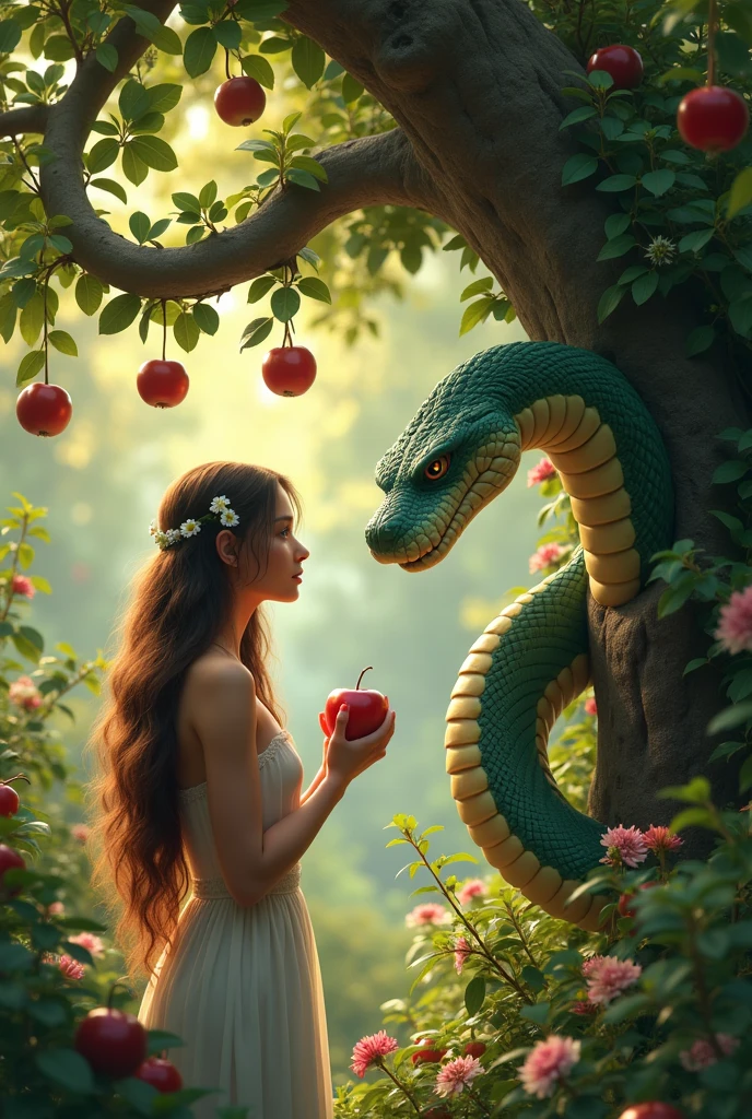 Eve in the Garden of Eden talking to a snake (Disney's Kaa) who is trying to sell her an apple. 