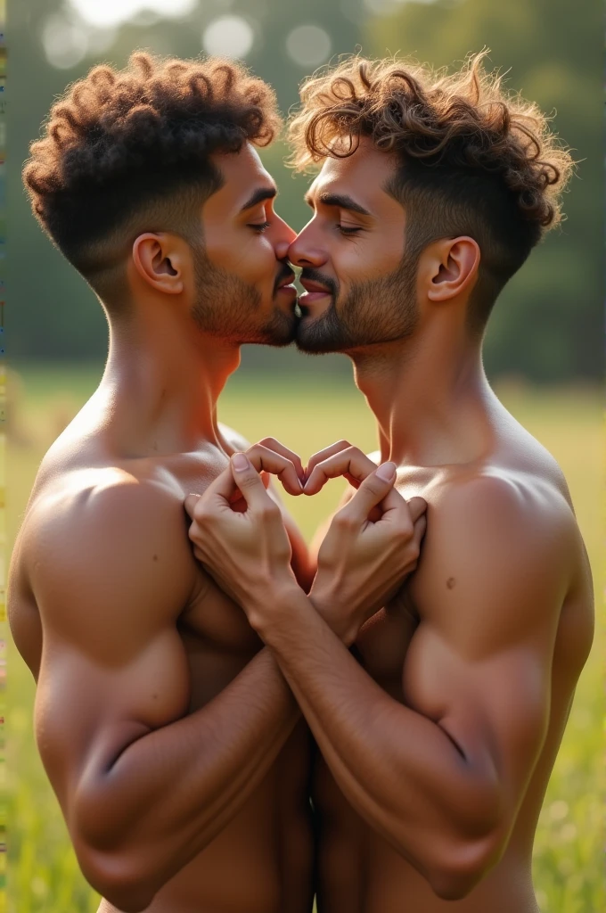 The image shows two young men who appear to be close and affectionate with one another. They are both shirtless, revealing toned physiques, and are outdoors in what seems to be a grassy area. The young man on the left has short, curly hair, a light skin tone, and a bright smile, giving him a cute and youthful appearance. The young man on the right, slightly shorter, has curly wavy hair, a light brown skin tone, and wears glasses. He has a full beard and some stubble, which gives him a more rugged look. He is leaning in to kiss the left man's cheek while they both form a heart shape with their hands, conveying a sense of warmth and affection ween them. The background is blurred, highlighting the bond betn the two as the focus of the image.