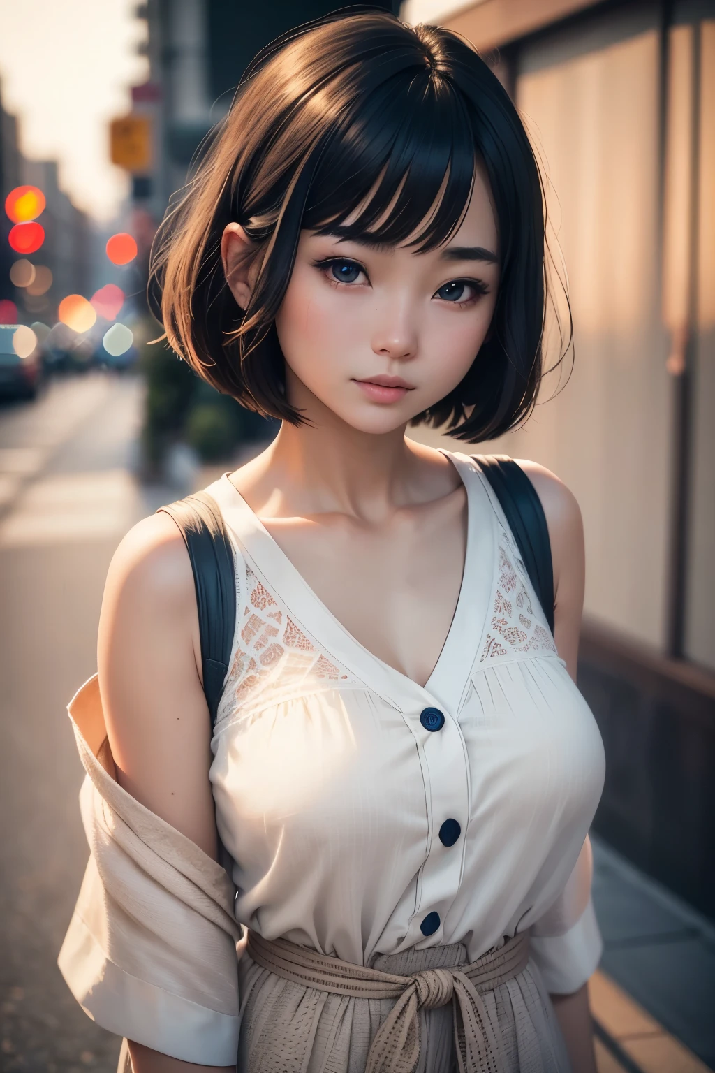 a young beautiful japanese girl, girly, shy expression, bob haircut with slightly wavy hair, light colours outfit, discret makeup, detailed facial features, beautiful eyes, shy expression, detailed skin texture, fashionable outfit, cinematic lighting, (best quality,4k,8k,highres,masterpiece:1.2),ultra-detailed,(realistic,photorealistic,photo-realistic:1.37),intricate details,portrait,vibrant colors,soft lighting