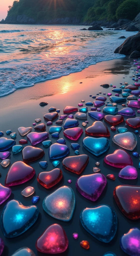 On the beach, there are large heart-shaped stones in various sizes and colors—ranging from deep blues and purples to bright pinks and oranges—scattered along the shore. Each stone is detailed, with a smooth, polished surface that reflects the light subtly. Smaller heart-shaped pebbles, in vibrant colors, are spread around the larger stones, and some float gently in the air, giving the scene a magical, dreamlike quality. The wet sand reflects the colorful sky and the glowing stones, creating a mirror-like effect. Gentle waves wash up on the shore, leaving behind foamy patterns that blend seamlessly with the heart shapes. In the background, a rocky cliff covered in lush greenery adds depth to the landscape, while the twilight sky adds a sense of serenity and wonder to the overall scene. The atmosphere should evoke feelings of love, peace, and enchantment, with every detail meticulously rendered in ultra-high definition to create an immersive, breathtaking visual experience.
