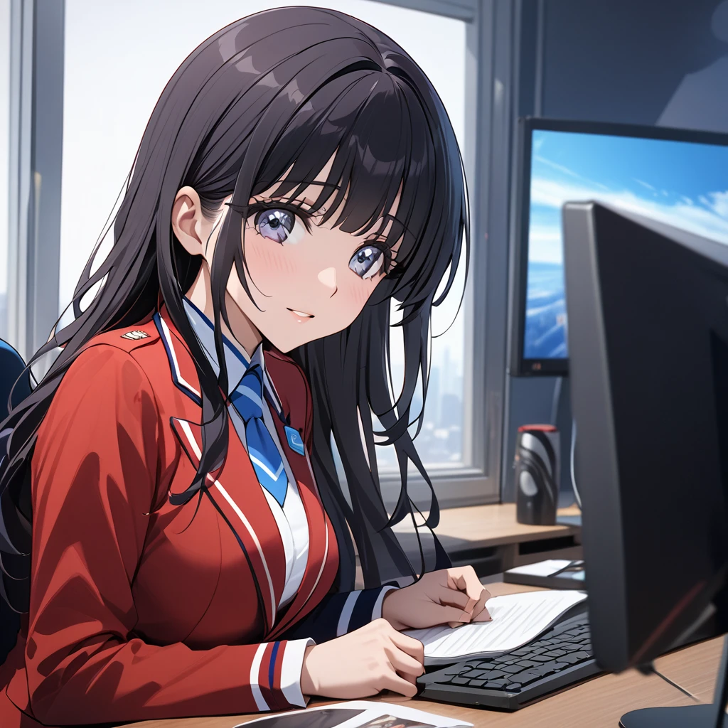 ((Highest quality)), ((masterpiece)), (detailed), (Perfect Face)、The woman is Aoki Reika, a news anchor for the Chinese national broadcasting station with medium-long hair, wearing a red suit.、The woman is a Chinese female announcer.