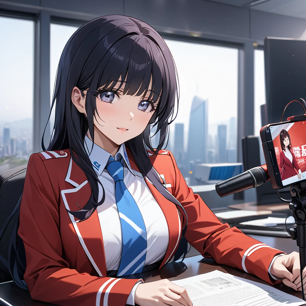 ((Highest quality)), ((masterpiece)), (detailed), (Perfect Face)、The woman is Aoki Reika, a news anchor for the Chinese national broadcasting station with medium-long hair, wearing a red suit.、The woman is a Chinese female announcer.