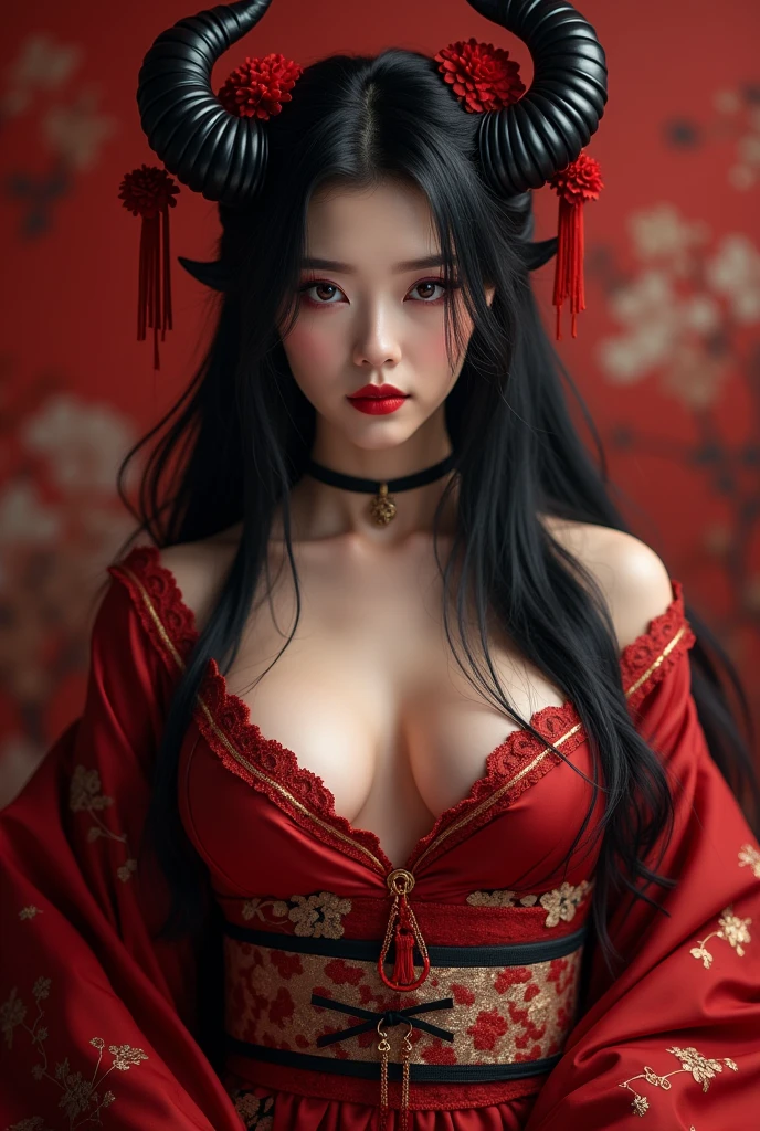 a long-haired Japanese girl standing in a Chinese temple, with long black hair with red highlights, white skin and Korean makeup (K-beauty), wearing a close-fitting black shiny satin cheongsan and open top, chest forward, pretty medium breasts, with red embroidered designs, arrogant sexy position, cinematic,