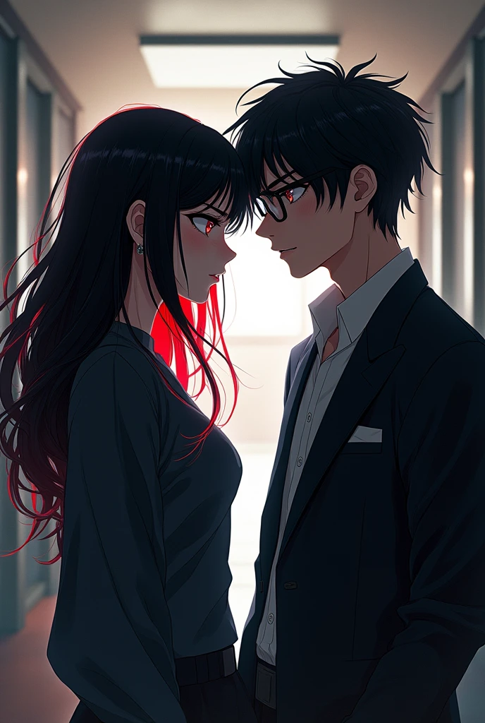 Have a woman with black hair with red tips and a masculine man with short black hair, dark skinned and glasses, anime style and also a Yandere school background