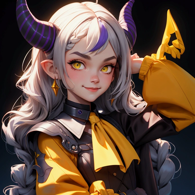 envision a 8k, highres, cinematic, beautiful close up portrait of a girl named Laplus Darkness with sleeves past wrists, sleeves past fingers, braid, Long sleeves, single leg pantyhose, yellow ascot, ascot, Black footwear, Dress, Metal collar, long boots, Black Dress, Collar, pantyhose, single thigh high, Evil smile, sea, feel awkward, Exposed arms, against a dark background