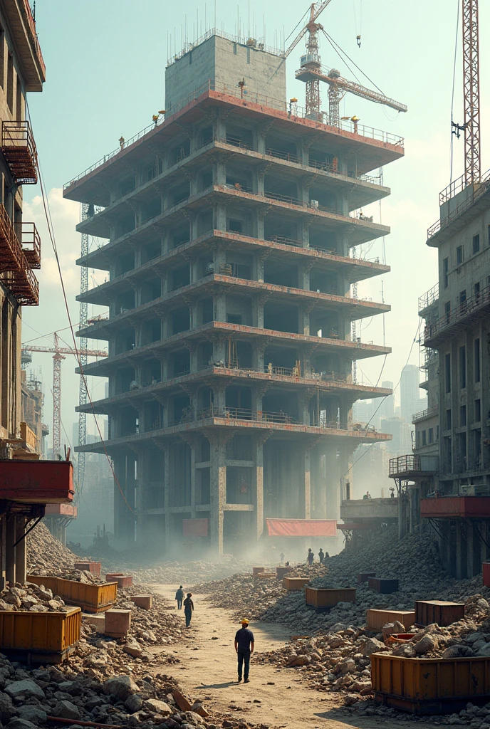Excellent choice! The image of a building under construction is a great way to visualize entropy in engineering..
Here are some additional ideas to complement the image.:
**Visual elements for the image:**
* **disorder:** Include details showing the mess at the construction site, as dispersed materials, dust, cables and tools.
* **transformation:** Show the transformation of messy materials like bricks, wood or steel in an orderly structure.
* **Work and energy:** Include working machinery, workers performing tasks and the presence of electrical cables, which represent the energy needed for the construction process.
* **waste:** Add elements that represent the waste generated during construction, como debris, plastics or packaging.
**Text to accompany the image:**
* "Entropy in construction: the energy used to create order creates disorder"
* "The entropy of the construction process: The transformation of disordered materials into an ordered structure increases the entropy of the environment"
* "Entropy and efficiency: Construction seeks to minimize the entropy of the process to optimize resources and minimize waste."
**Example of a legend:**
"The image represents a building under construction. Although the building represents an increase in order, The construction process creates chaos and waste, increasing the entropy of the environment. Disordered materials are transformed into an ordered structure, but the energy used for this process generates heat, dust, debris, etc. This increase in entropy is an inevitable consequence of the work done.."
**Remember:** The idea is to use the image to explain the concept of entropy in a practical and relatable context for engineering..
Feel free to let me know if you want us to explore other options or if you have any further questions..
