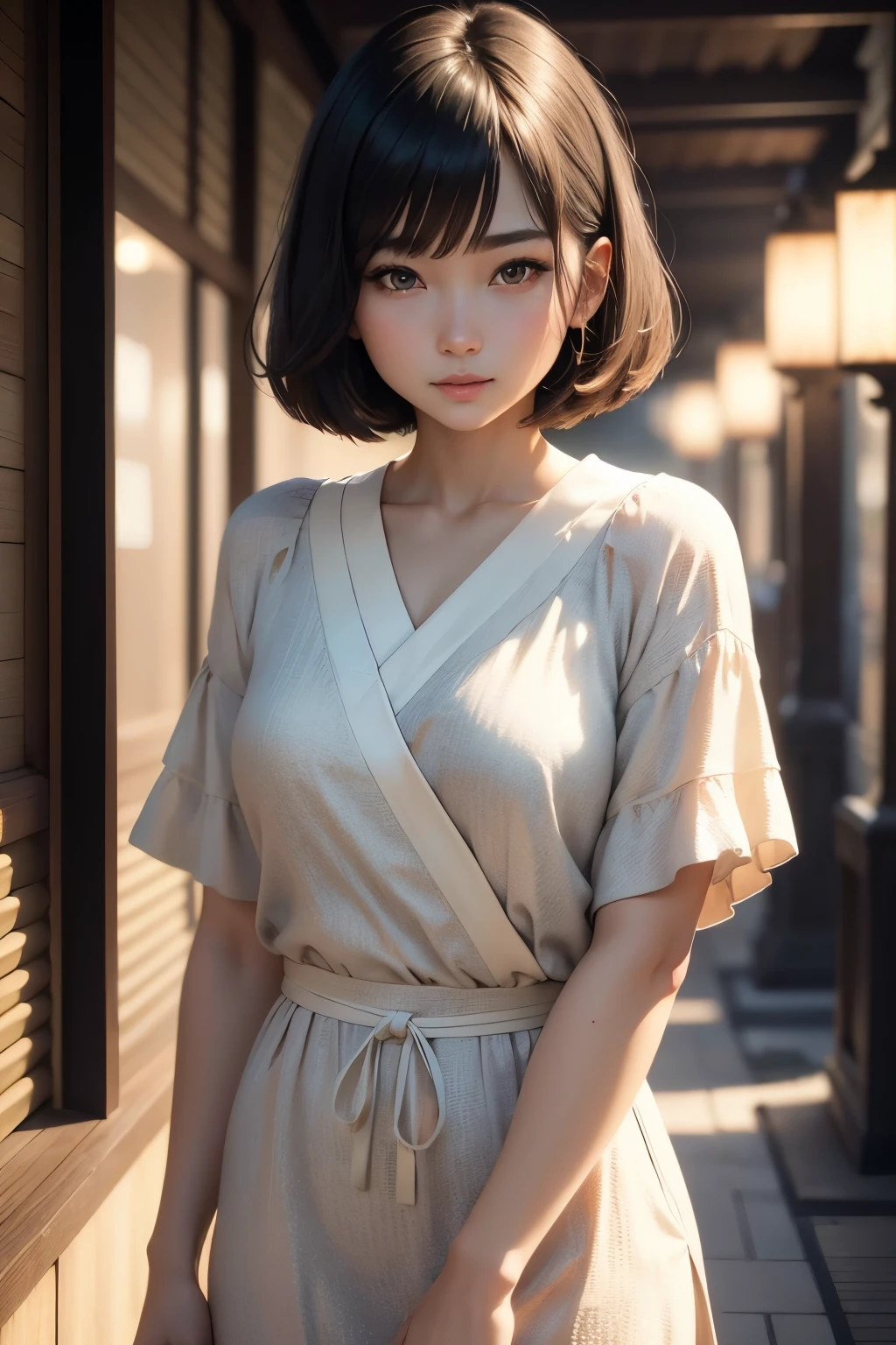 a young beautiful japanese girl, girly, shy expression, bob haircut with slightly wavy hair, light colours outfit, discret makeup, detailed facial features, beautiful eyes, shy expression, detailed skin texture, fashionable outfit, cinematic lighting, (best quality,4k,8k,highres,masterpiece:1.2),ultra-detailed,(realistic,photorealistic,photo-realistic:1.37),intricate details,portrait,vibrant colors,soft lighting