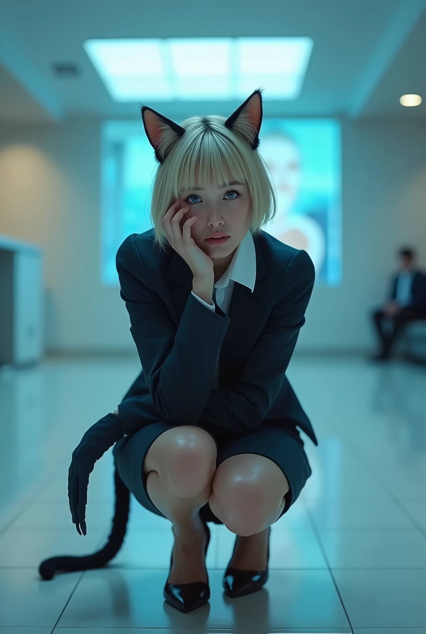 (photorealism:1.2), beautiful woman, swedish, blonde,sad, pensive, assistant, pencil skirt, 18yo, corporate lobby, white floor and ceiling, blue lighting, hologram, projection,looking at camera, short hair, cat ears, cat tail, crouching 