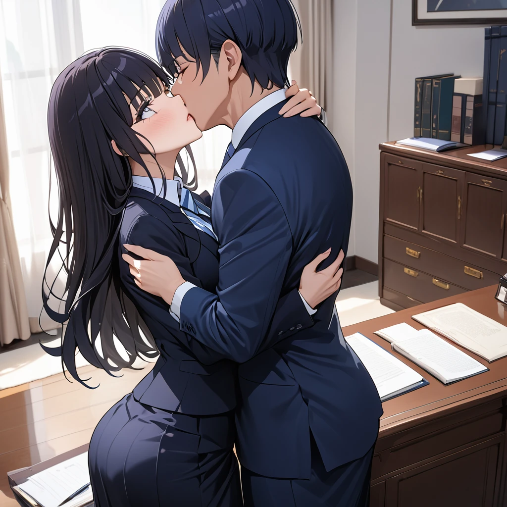 ((Highest quality)), ((masterpiece)), (detailed), （Perfect Face）、The woman is Reika Aoki with semi-long hair、The woman is a secretary to the president of a large company, wearing a high-class suit and a high-class long tight skirt, and is embraced, kissed and loved by the president.