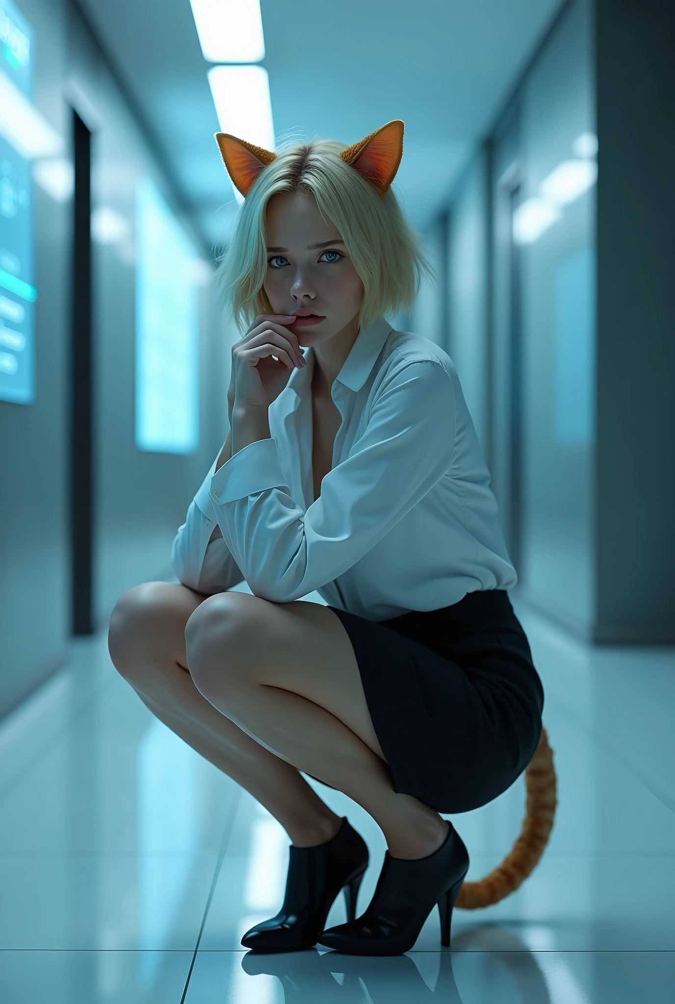 (photorealism:1.2), beautiful woman, swedish, blonde,sad, pensive, assistant, pencil skirt, 18yo, corporate lobby, white floor and ceiling, blue lighting, hologram, projection,looking at camera, short hair, cat ears, cat tail, crouching 