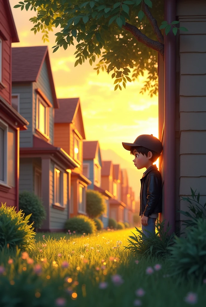 prompt (Spanish): A quiet residential neighborhood during sunset. Colorful houses, green grass, trees. Mateo, a boy of about wearing a black leather jacket and a cap, watches from behind a corner.
prompt (English): A quiet residential neighborhood at sunset. Colorful houses, green lawns, trees. Mateo, a boy wearing a black leather jacket and a cap, peeks from behind a corner.