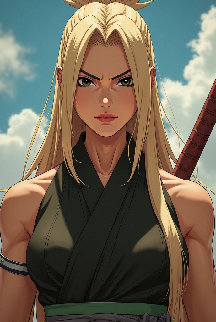 In Naruto style female with kimono looking top  A tall and large, tan skinned woman with serious, black eyes, no eyebrows, a hooked nose and a lean face. She has straight, light blonde hair, she is in a battle her appearance of clothing is light take inspiration from Tsunade and Mei terumi 