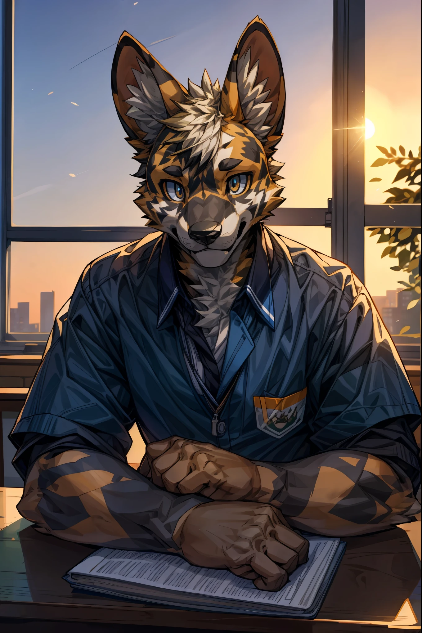 masterpiece,High quality,furry,(African wild dog lying down at a desk by the window of a classroom),school uniform,dusk,School,classroom,perfect background,one person