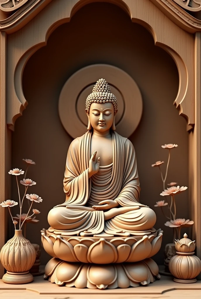 A highly detailed and intricate wood carved Buddha statue, a seated Shakyamuni Buddha, with a boat-shaped mandorla and lotus throne, placed in a small Buddhist altar, serene expression, intricate robes, realistic textures, warm lighting, photorealistic, award winning sculpture, 8k, hyperrealistic, Nipples not depicted