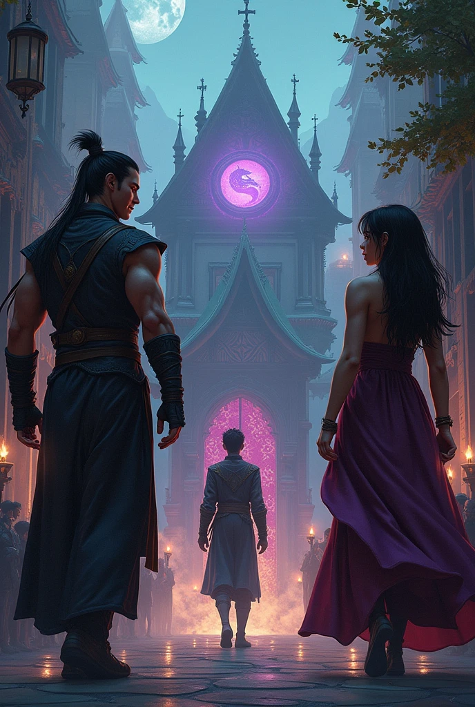 **Prompt:**
Liu Kang de mortal Kombat, a monk with red eyes and dragon irises, walks through the bustling streets of Valkaria with firm purpose. Next to you, Mary, your radiant sister, smiles excitedly as they head to the mysterious Arcane Academy. At the entrance, simple and discreet, eles encontram Magnus Bane de shawdowhuters, a young Qareen with a captivating appearance, with a glowing purple tattoo on his neck. Mary feels an immediate connection with Magnus Bane, exchanging curious glances as they are led to the magical tests that will define their destinies. The tension in the air promises challenges and discoveries that will shape their lives forever..