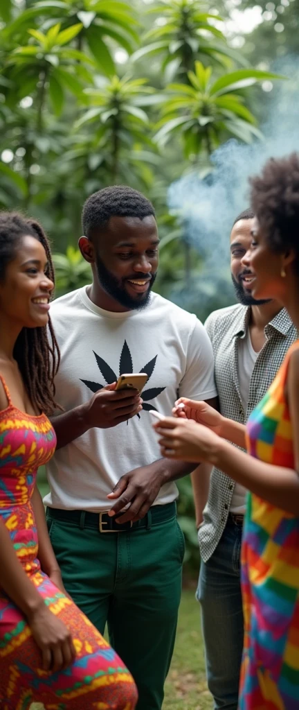 Two lesbian women ,with medium chest,a tropical garden with some marijuana plants,exuberante, wearing a dress in lgbt color,one with dred hair, with a close-up capturing everyone together smoking the joint, holding a cell phone A black colored gay men, white t-shirt with marijuana leaf with eye and mouth and green pants A white gay man ,with a formal t-shirt and jeans