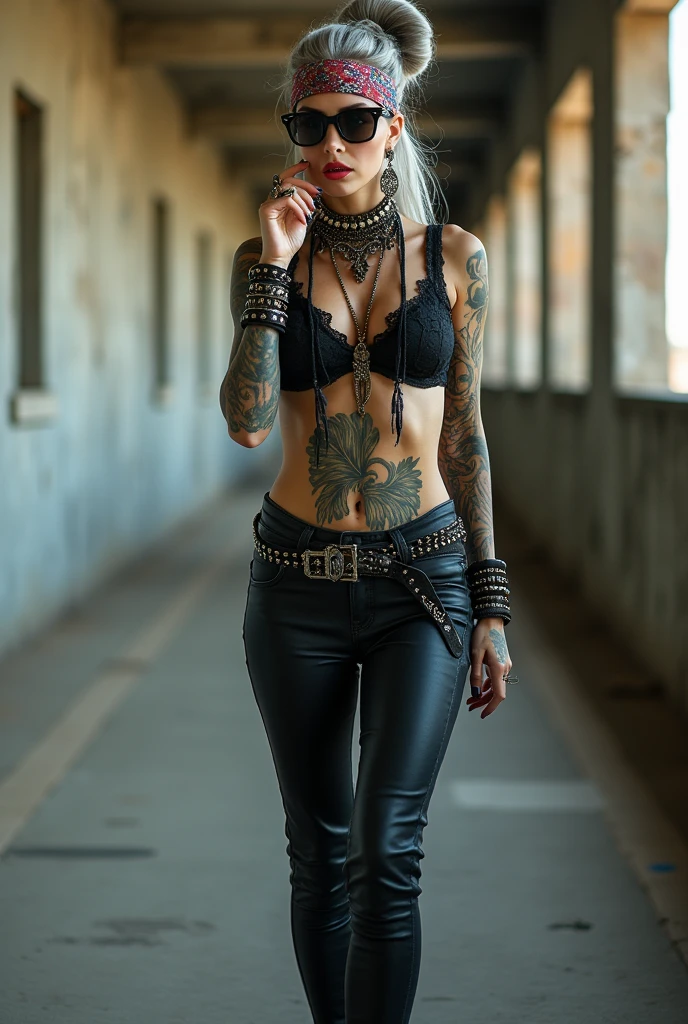 russian milf woman,  grey hair (bouffant, top bun) and oversized square sunglasses and wide  colourful bandana as headband, with very light green eyes, extremely pale. Big lips.  Black lace push up bra, silicone breast,, tight skinny  black low rise leather jeans. Flip flops. Lots of thick wide studded bracelets, chain collars and big rings,. Two loose studded belts. Long earrings with chains and feathers. Walking, stretching her neck and looking up in surprise, craving., Neck, chest, stomach and wrists heavily tattoed. Touches the lip of her open mouth. Head tilted. The other hand in pocket. Toned abdominals, thin neck, slim legs and thin arms. Narrow hips. Full body. At a long narrow industrial corridor with natural light. Another woman like her five metres behind, as a guard, checking the horizon. Full body