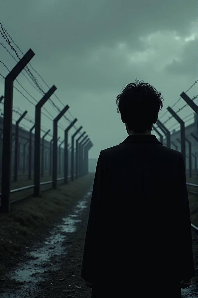 ((best quality)), ((masterpiece)), A bleak concentration camp with barbed wire fences under a dark, cloudy sky, symbolizing the despair of Holocaust victims., perfect face with black shadow of person