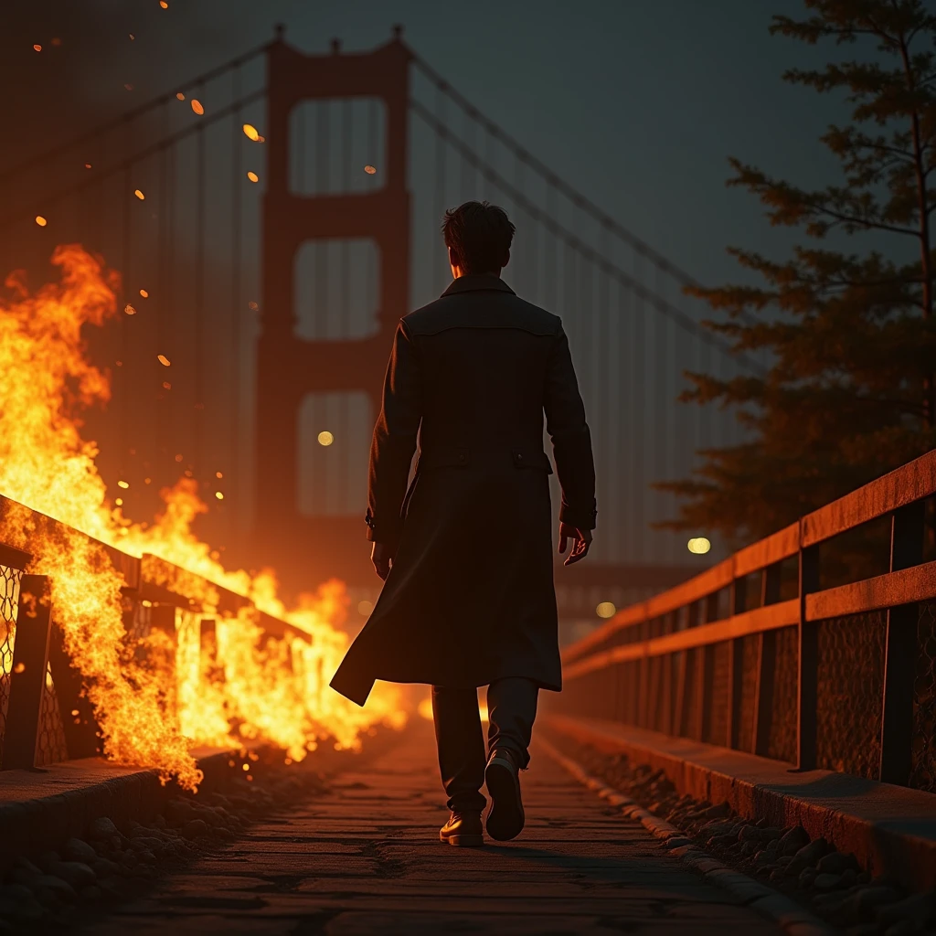 (photorealism:1.2), masterpiece, Best quality, super detail, Sharp Focus, ultra realism, super realism, 8k, sharp textures, detailed skin texture accurate anatomy, a brunette man walks across a bridge in the background, there is a fire in the foreground, night, View from behind, burning ashes fly to the sides