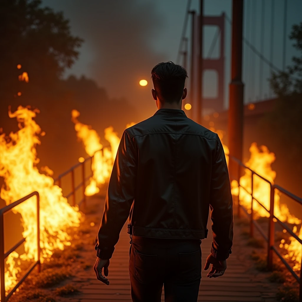 (photorealism:1.2), masterpiece, Best quality, super detail, Sharp Focus, ultra realism, super realism, 8k, sharp textures, detailed skin texture accurate anatomy, a brunette man walks across a bridge in the background, there is a fire in the foreground, night, View from behind, burning ashes fly to the sides