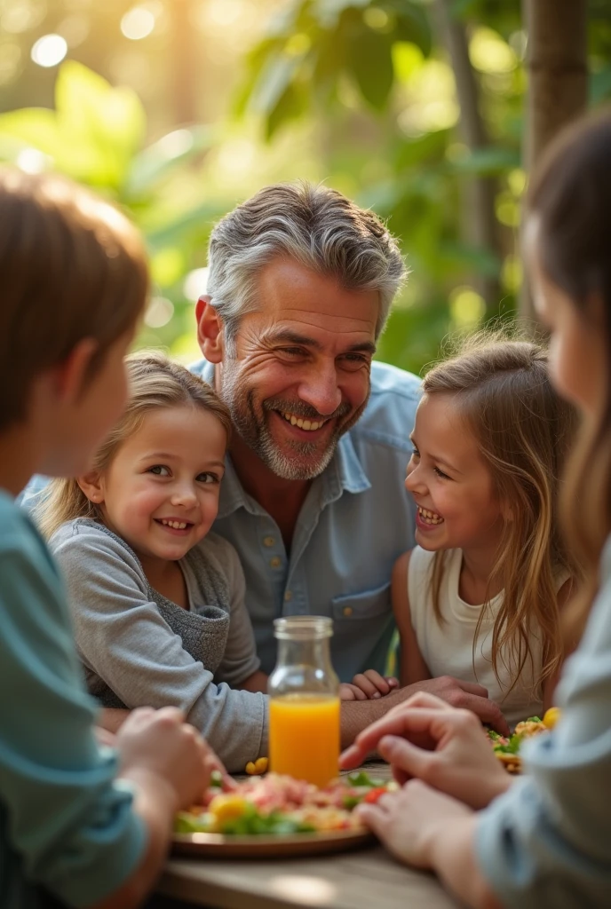 A handsome middle-aged man having fun with his family、Top quality masterpiece、Photorealistic、detailed、8 K、HDR、Shallow depth of field、Wide light、High contrast、Backlight、Bloom、Shine of light、chromatic aberration、Sharp Focus、RAW color photos