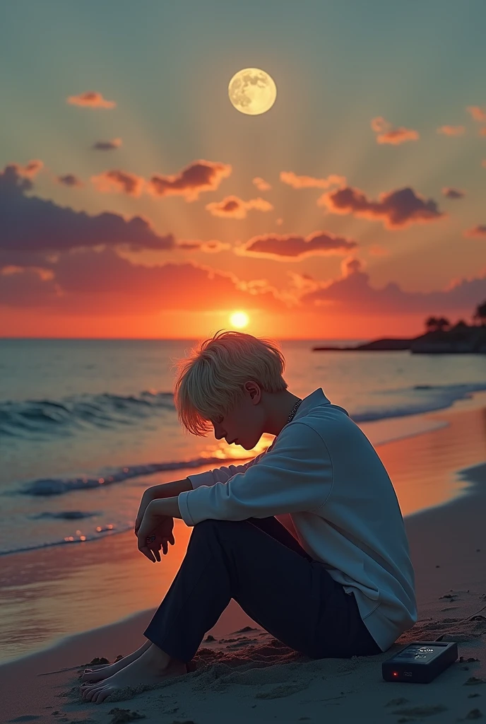 A picture of bts jimin with blonde hair sitting on a beach in the sand with his knees bent, and his face reflects sadness and peace at the same time as he watches the sun meet the moon in the sky, that there is a small voice recorder on your side, and this is on a letter, and in her hands she holds a necklace that has two rings, but it looks real like a photo