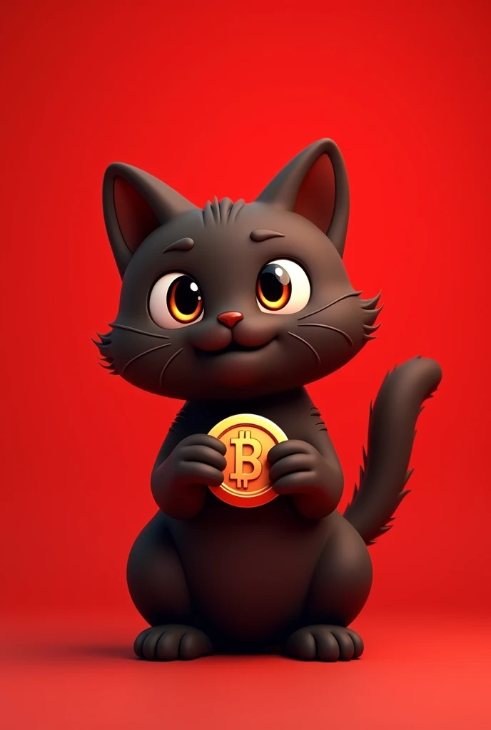 coin logo , tone network , dark brown cat , red background , oggy inu , cat inu , cute, clean, holding a coin