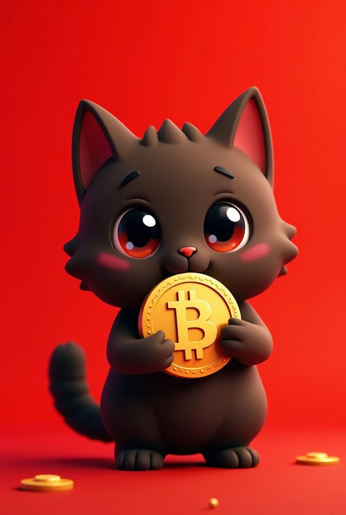 coin logo , tone network , dark brown cat , red background , oggy inu , cat inu , cute, clean, holding a coin