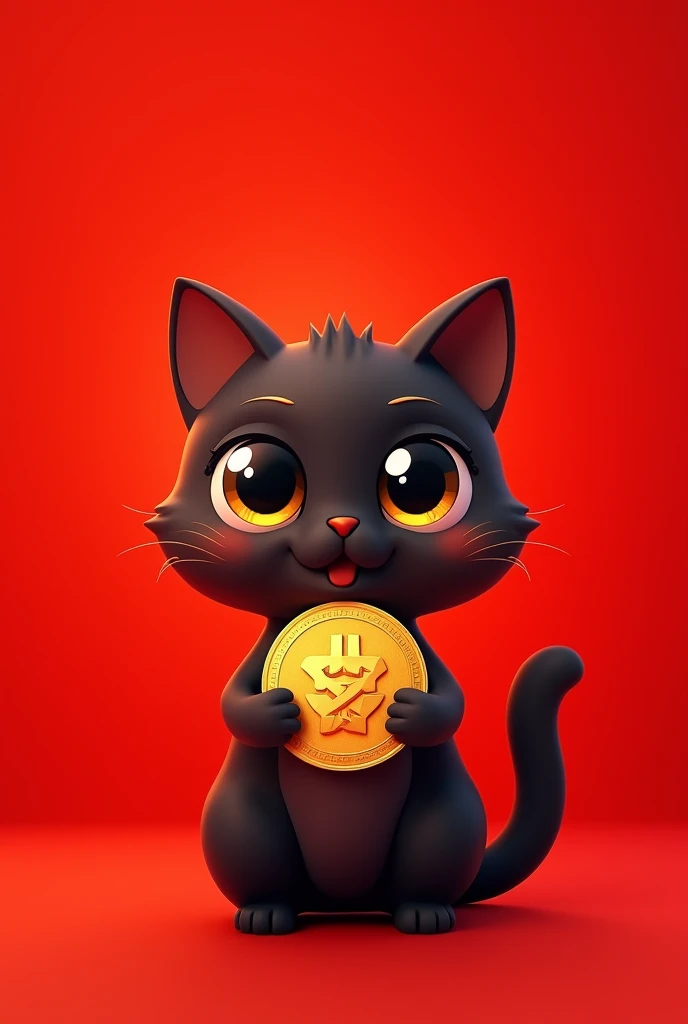 coin logo , tone network , dark brown cat , red background , oggy inu , cat inu , cute, clean, holding a coin