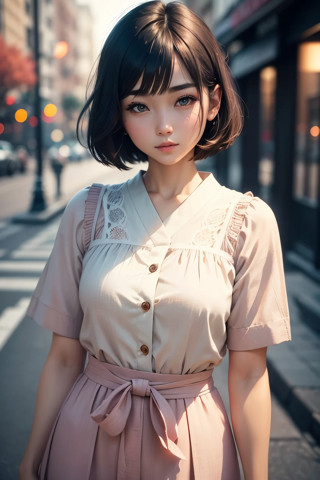 a young beautiful japanese girl, girly, shy expression, bob haircut with slightly wavy hair, light colours outfit, discret makeup, detailed facial features, beautiful eyes, shy expression, detailed skin texture, fashionable outfit, cinematic lighting, (best quality,4k,8k,highres,masterpiece:1.2),ultra-detailed,(realistic,photorealistic,photo-realistic:1.37),intricate details,portrait,vibrant colors,soft lighting