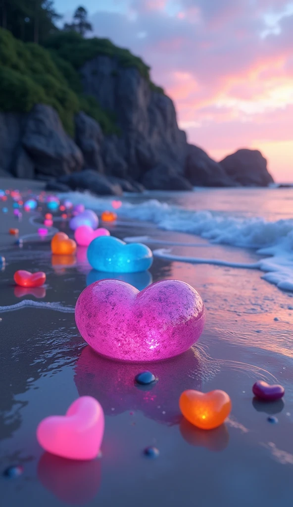 On the beach, there are large heart-shaped stones in various sizes and colors—ranging from deep blues and purples to bright pinks and oranges—scattered along the shore. Each stone is detailed, with a smooth, polished surface that reflects the light subtly. Smaller heart-shaped pebbles, in vibrant colors, are spread around the larger stones, and some float gently in the air, giving the scene a magical, dreamlike quality.
The wet sand reflects the colorful sky and the glowing stones, creating a mirror-like effect. Gentle waves wash up on the shore, leaving behind foamy patterns that blend seamlessly with the heart shapes. In the background, a rocky cliff covered in lush greenery adds depth to the landscape, while the twilight sky adds a sense of serenity and wonder to the overall scene 3d
The atmosphere should evoke feelings of love, peace, and enchantment, with every detail meticulously rendered in ultra-high definition to create an immersive, breathtaking visual experience.