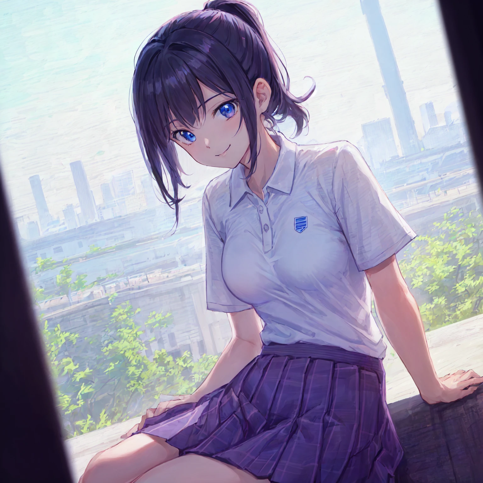 (Pencil Art:1.3),masterpiece, Highest quality,pastel colour,high school,Happy-go-lucky look ,Highest qualityのお腹,look away,sneakers,closed mouth,smile,polo shirt,(Masterpiece:1.5, Best Quality),blue polo shirt,light grey pleated skirt,Lower ponytail,Dutch Angle, {{black hair}} , (Depth of Field), Dynamic Posture,{{beautiful medium size breasts1:4}},{{beautiful blue eye1:4}},photorealistic 1;4, high quality panties, top quality, {{beautiful butt}}, cute girl, high quality background, BREAK, BREAK, 5 fingers