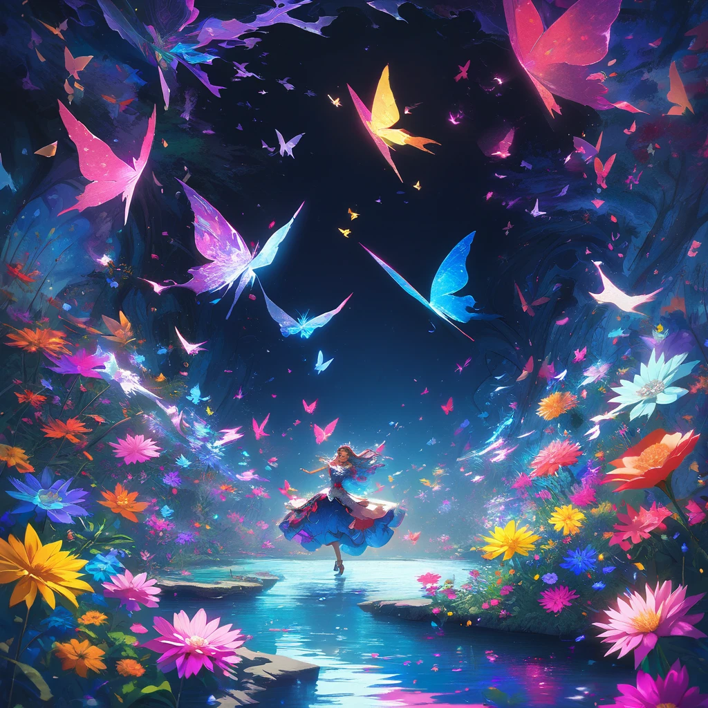 A woman, Alice in the wonderland but in snow white version, whimsical surround of forests, wave, joyful, humour, curious or playful,any kind of flowers, bubbles surrounding, birds and butterflies, river, bubble, scattered flowers, niji, journey, vibrant colour and gray, hyperreal, cosmos, teatime party, 
abstract, posed, sinister, colourful, tears, handsome, unique, enchanted, beautiful, fantastic, perfect face expressions joyful, perfect surroundings, perfect butterfly, neo impressionist art, Victorian style, great shadow, dreamshaper xl lightning,Sdxl XL lightning, epic, dark blue background, 8k resolution, 4k, HD, high quality, masterpiece, sharp focus, enigmatic, shape, BREAK, aura, ghostmix, intriguing, drama, breaking through, lamplight, high solution, light, bright, smooth, soft,