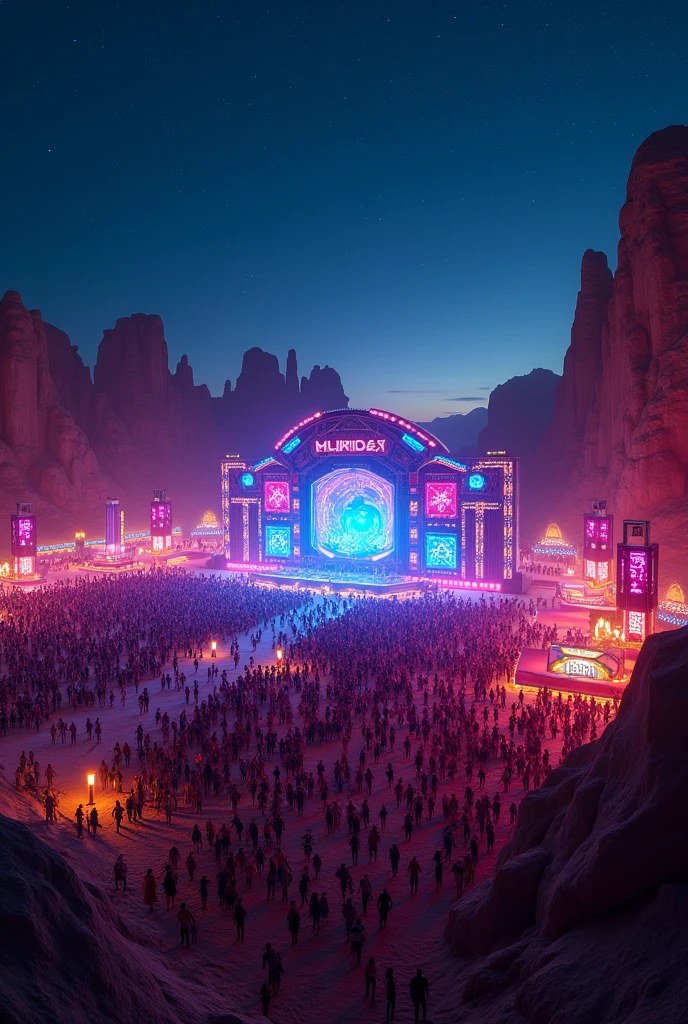 electronic music festival, at night, in the desert