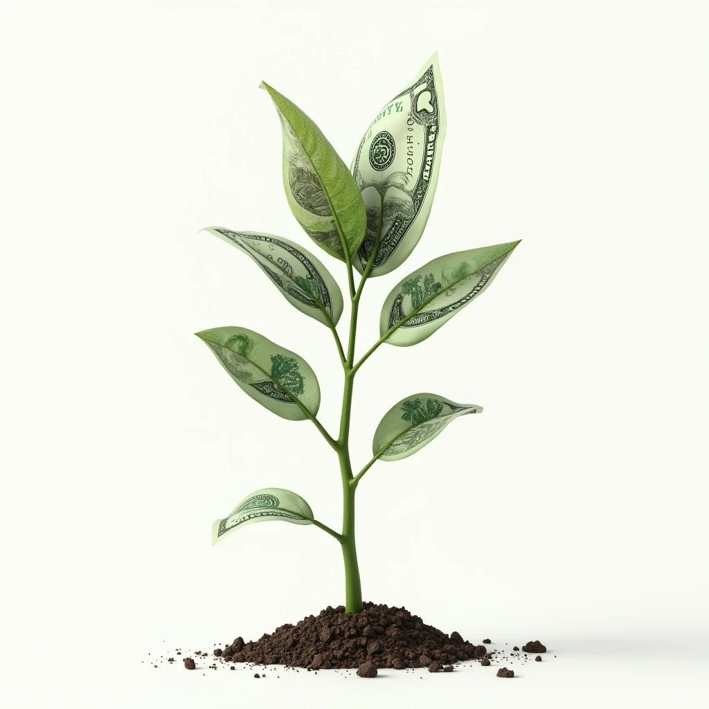 A young plant seedling sprouting dollar bills instead of leaves, against a white background, creating a money tree with banknotes as fruits, cinematic lighting, highly detailed, photorealistic, award winning photograph