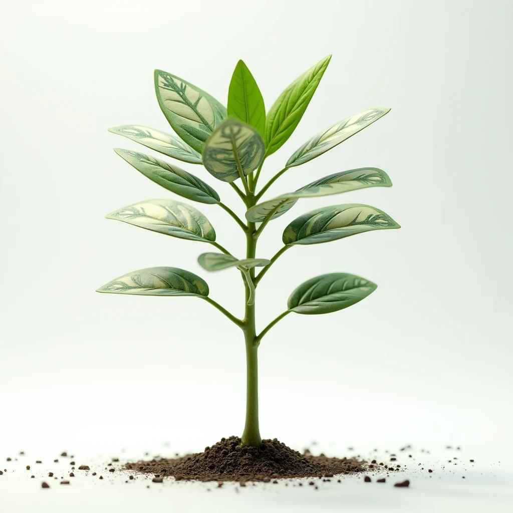 A young plant seedling sprouting dollar bills instead of leaves, against a white background, creating a money tree with banknotes as fruits, cinematic lighting, highly detailed, photorealistic, award winning photograph