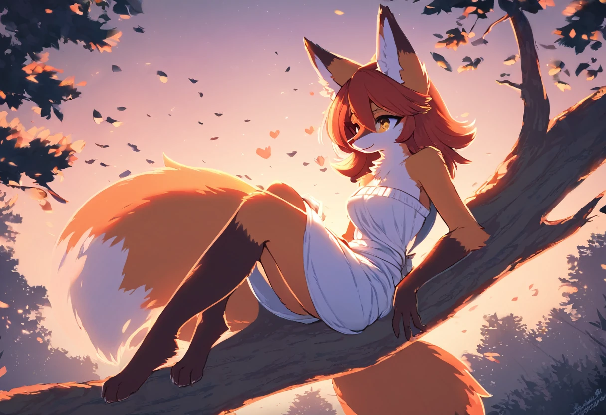 red fox, female, vixen, friendly smile, lovely, heart, heart floating in midair, beautiful, hair, yellow eyes, full body, night, moody, elegant, mysterious, highres, unparalleled masterpiece, perfect artwork, absurdres, rzminjourney, vector-art, masterpiece)(kemono, furry anthro), sitting on a tree branch, Disheveled clothing