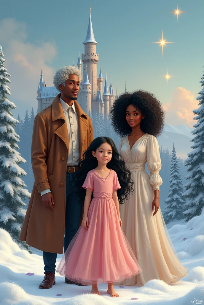 Make a drawing where there is an -year-oirl w white skin and black hair wearing a pink dress and her parents are a man with very long hair and white skin and a black-skinned woman with curly hair..There are two stars in the sky, a castle and snow 