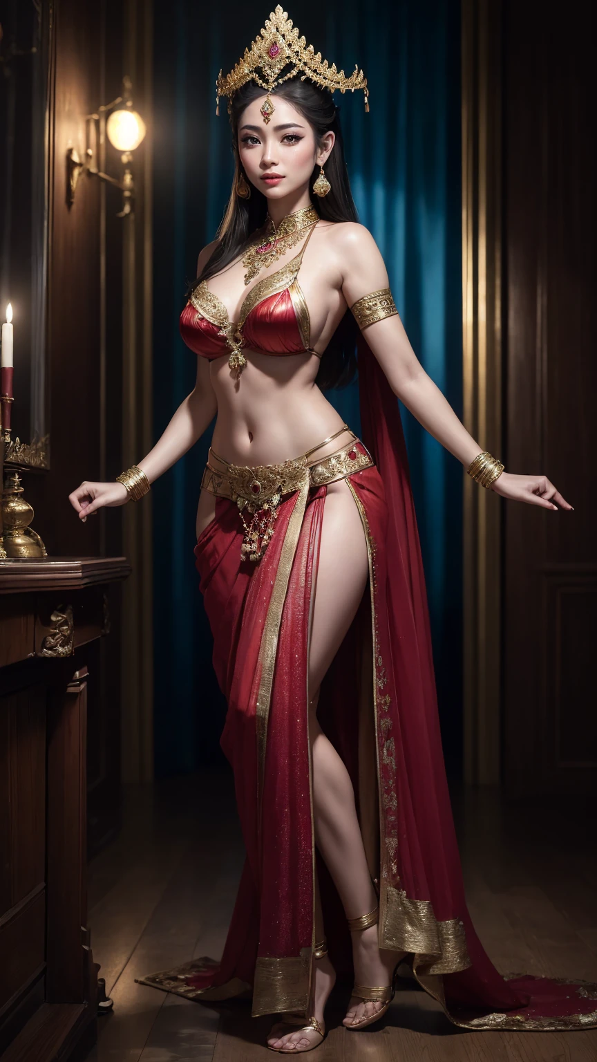 ((best quality)), ((masterpiece)), (detailed), (perfect body shape), full body shot, ((beautiful face)), 1girl, Indian hindu girl, Indian goddess, hindu mythology, Hinduism, god, (goddess durga), deity , (heavy jwellery) , ornaments, (hindu deity crown), religious , natural breast, visible crotch, beautiful lips, young, dynamic poses, ((holding one long trident in her hand)), weapon trident in hand, NSFW, in a temple.