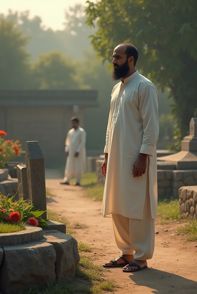 generate me a iMage of muslim man with small beard standing a grave of his mom in a normal graveyeard in tradition kurta shalwar in front of grave of his mother with tears in his eyes small age boy