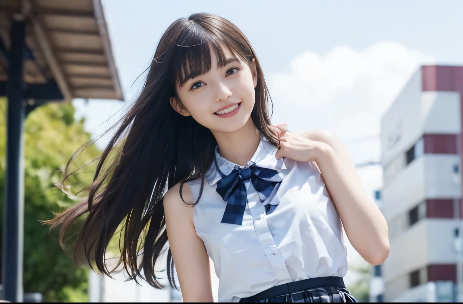 (Highest quality, masterpiece:1.2), Highest quality, Realistic, photograph, High resolution, 1080P, 8k, Physical Rendering, ((height: 155cm、Slim and slender style、medium firm chest)), ((((((A beautiful fashion model featured in a Japanese fashion magazine、Look directly at the viewer)))))), (((big, Very fine, Beautiful dark brown eyes))), ((((Everyone loves me、They are Laughter at me.!)))), Detailed fingers, (((length, Curled bangs))), ((((Very noble and cute eyes, Every detail is carefully drawn)))), ((double eyelid)), (((length eyelashes))), ((cute、Adorable、Adorable、Laughter、Laughter頬)), ((Pure white light hits my nose and cheeks. Her eyes and the white skin of her face are beautifully white........)), (((((Her face is very expressive、With a noble smile。, Very fun smiling beauty, Very clever smile))))), ((((A striking plain navy large school ribbon bow tie)))), ((((Very beautiful long black hair blowing in the strong wind outdoors、Fluttering Hair)))), (((((((She is wearing a formal long pleated skirt, Blue and navy tartan check, ))))))), ((((The size is a bit small、When she lifts up her white sleeveless shirt with a gold emblem, she shows off her beautiful small breasts.、Full upper body nude)))), ((As elegant as a noble princess)), ((From before, Create a striking image showing off your breasts..))(((((( fully nude high school girl)))))、Tight waist((((((Very close))))))、((((((Summer memories２Full nude high school girls)))))、Shortcut Straight Hair