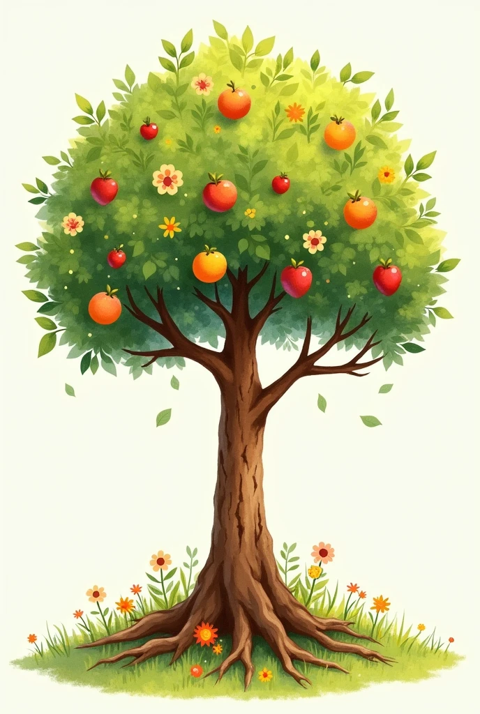 Show me an easy drawing of a tree with roots, stem, remaining, fruits and flowers